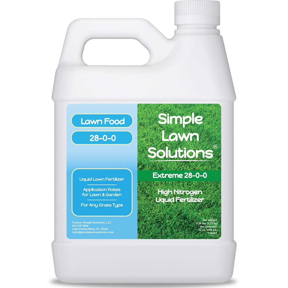 Simple Lawn Solutions Maximum Green & Growth bottle being poured onto lawn.