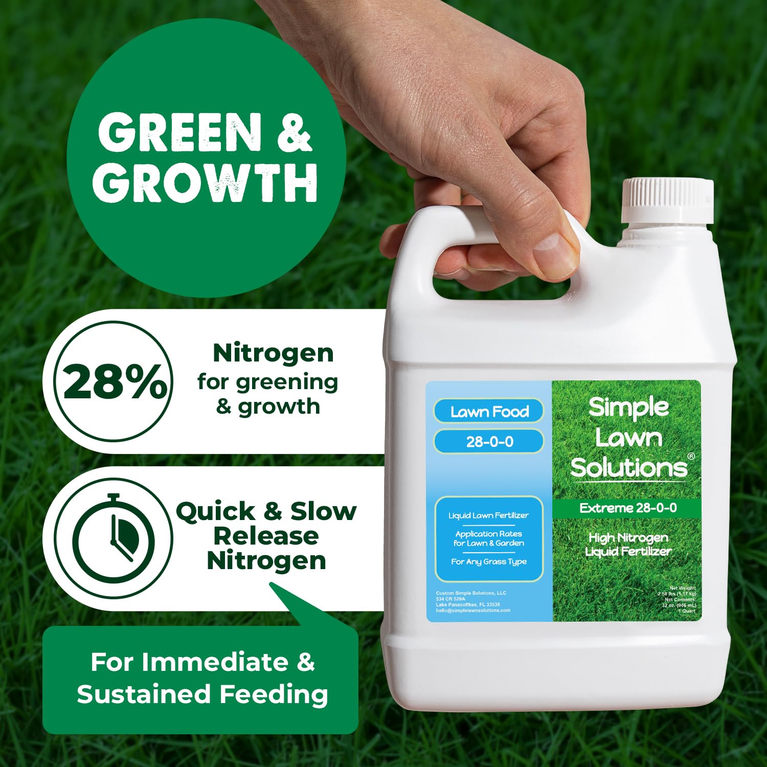 Hose-end sprayer applying Simple Lawn Solutions liquid fertilizer evenly.