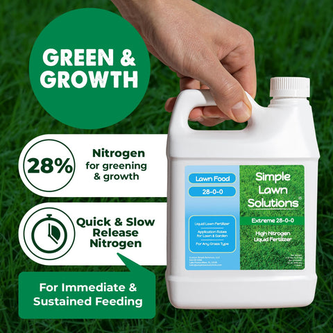 Hose-end sprayer applying Simple Lawn Solutions liquid fertilizer evenly.