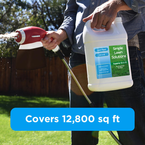 Simple Lawn Solutions phosphate-free formula highlights eco-friendly fertilizer.