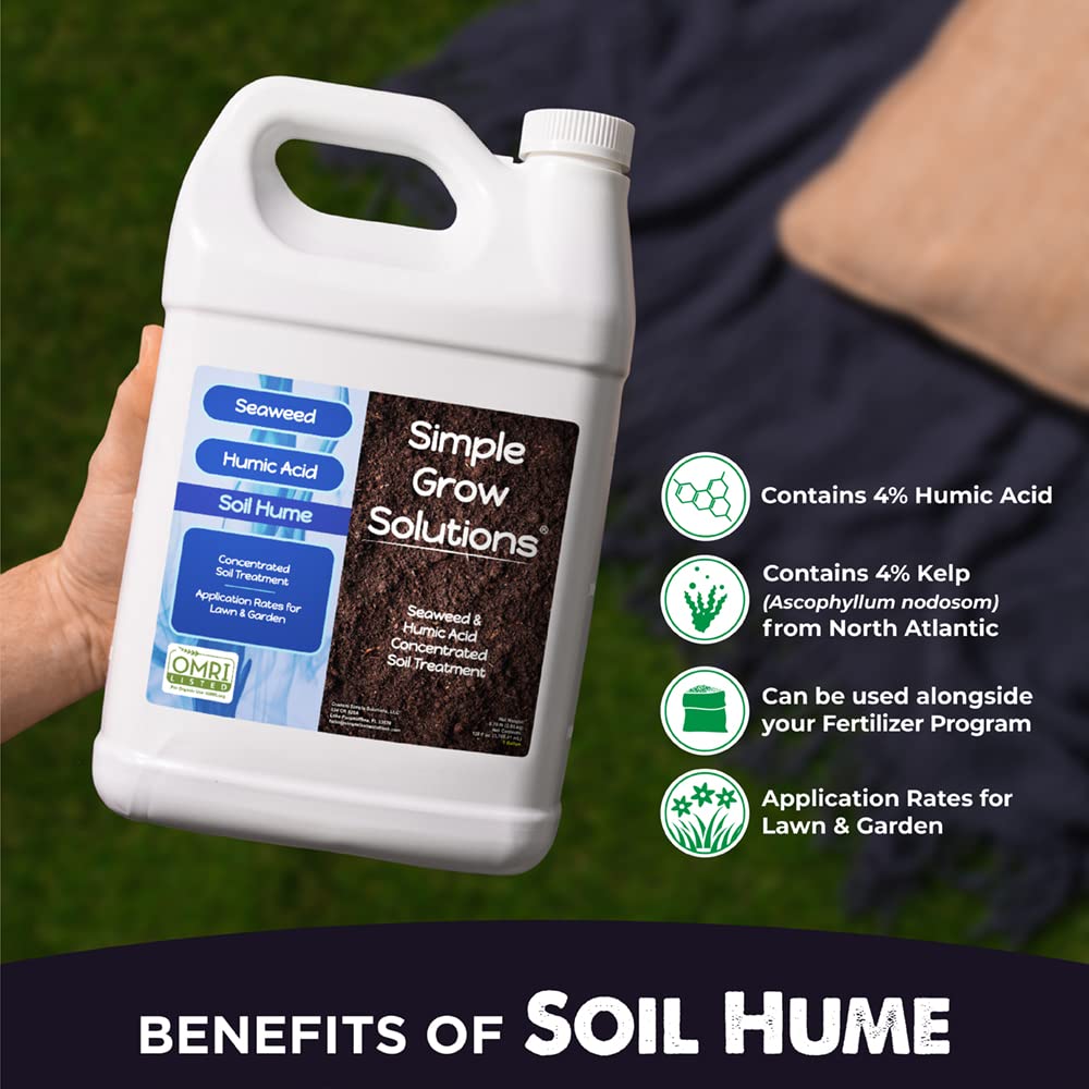 Pouring Simple Lawn Solutions seaweed humic blend for even lawn coverage.