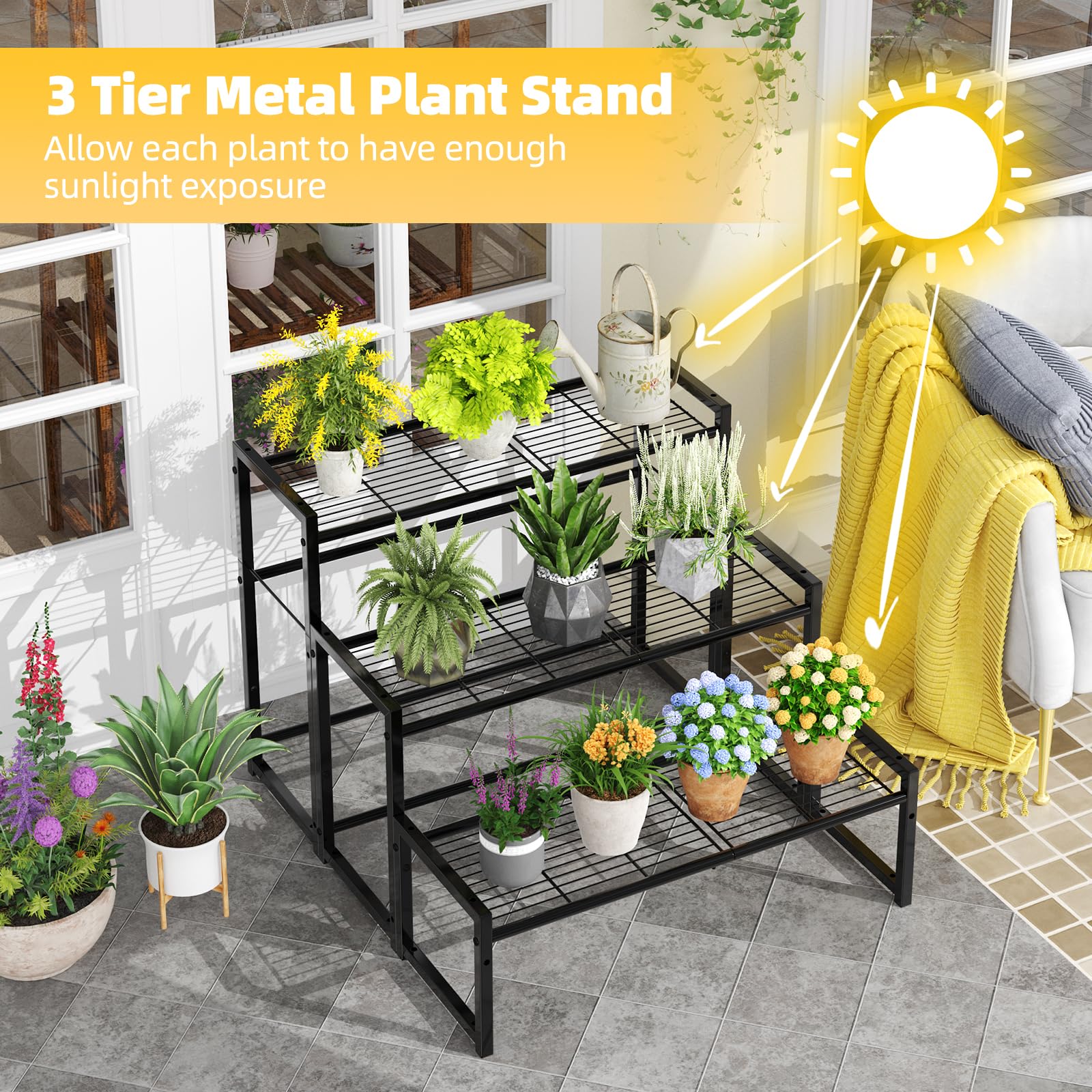 Simple Trending metal plant shelf shows a stackable black design for space-saving indoor use.