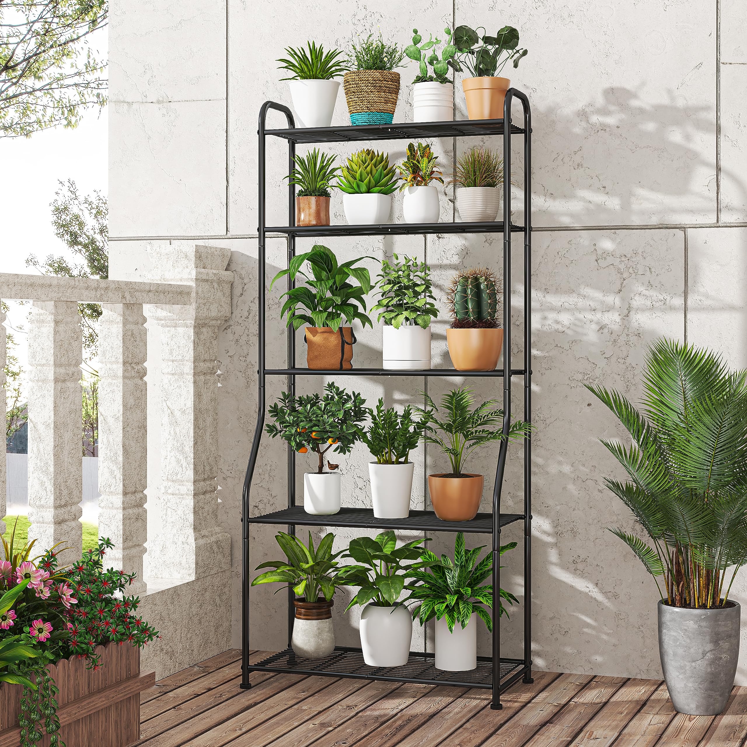 Simple Trending 5-tier plant stand with waterproof finish for damp areas.