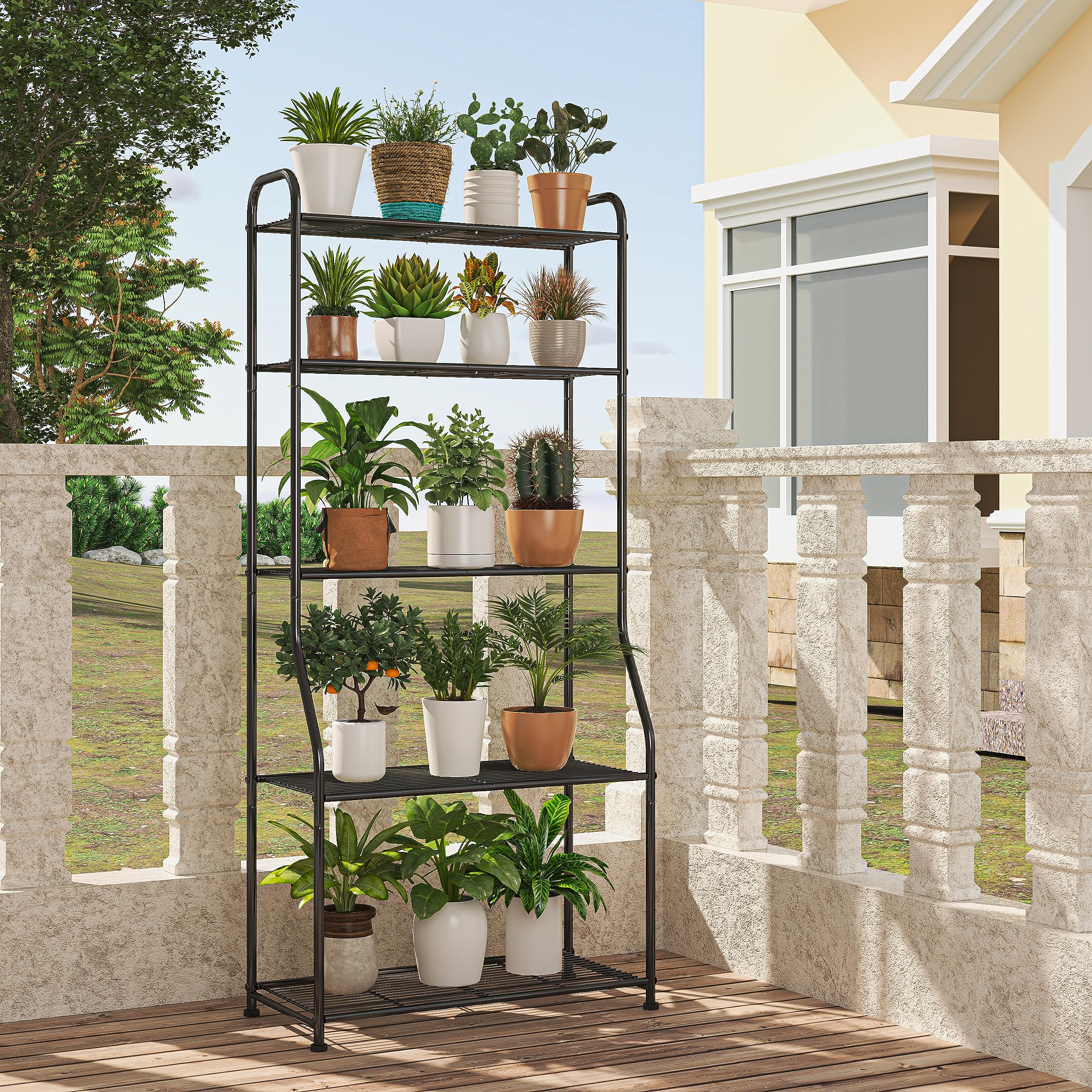 Simple Trending 5-tier plant stand outdoors on balcony or garden with durable frame.