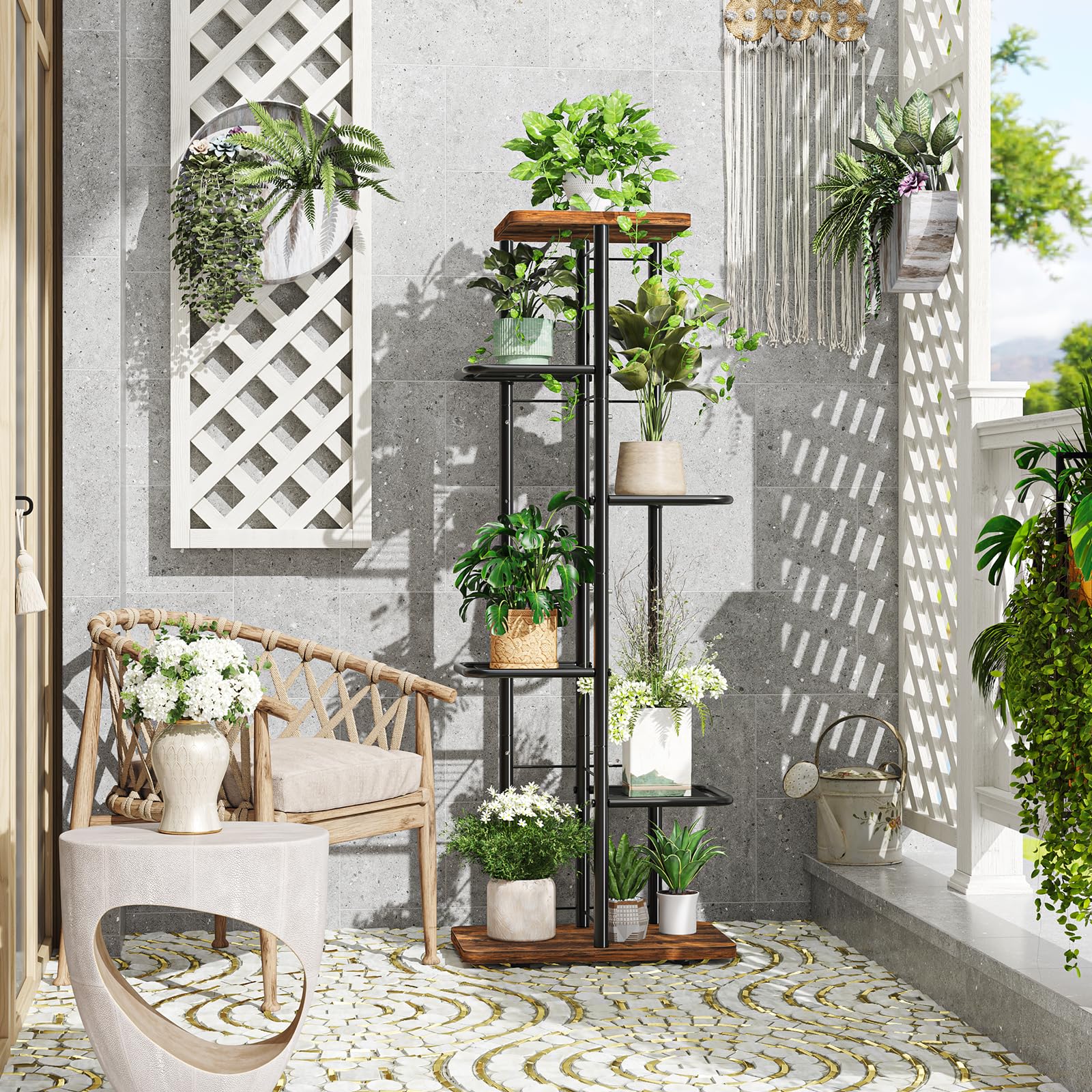 Simple Trending plant stand in use, organized display in living space