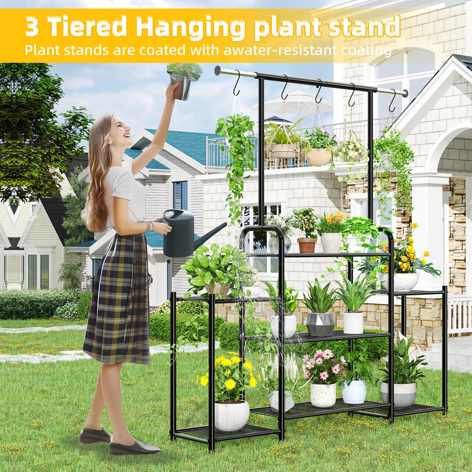 Outdoor balcony setup showing several plants on the tall stand