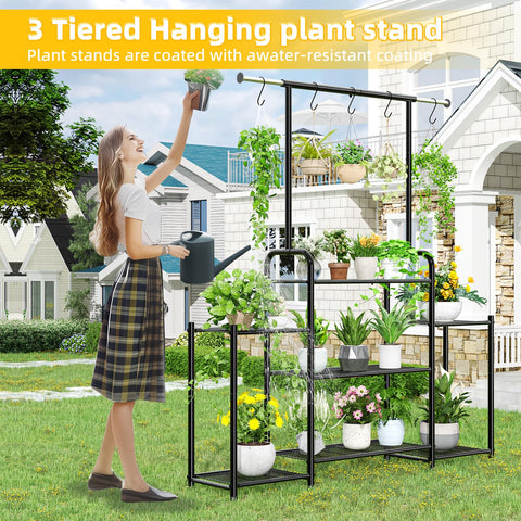 Outdoor balcony setup showing several plants on the tall stand