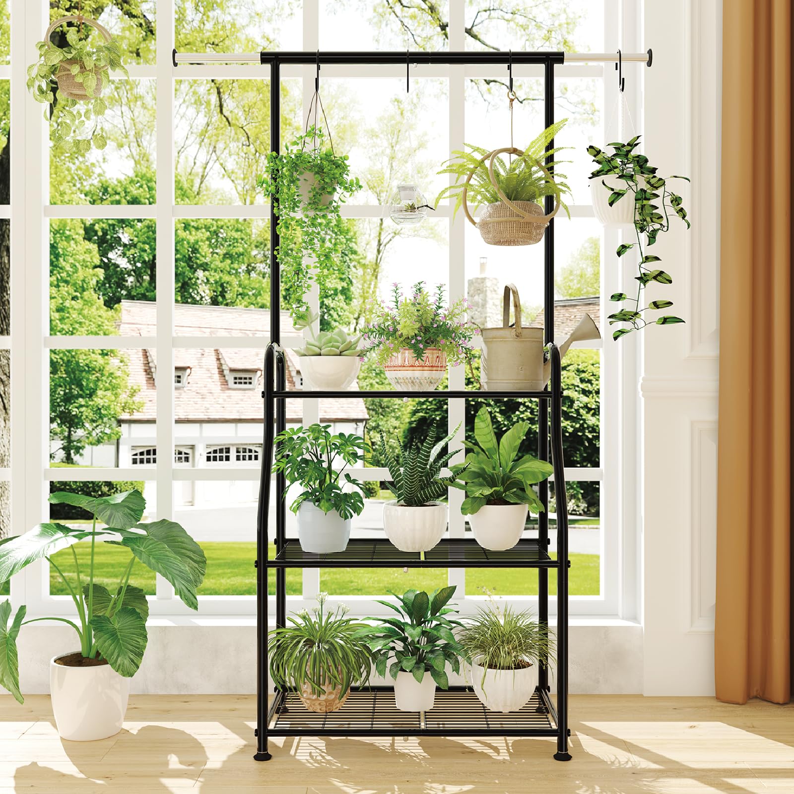 Simple Trending plant stand features a sturdy metal frame for indoor or outdoor use.