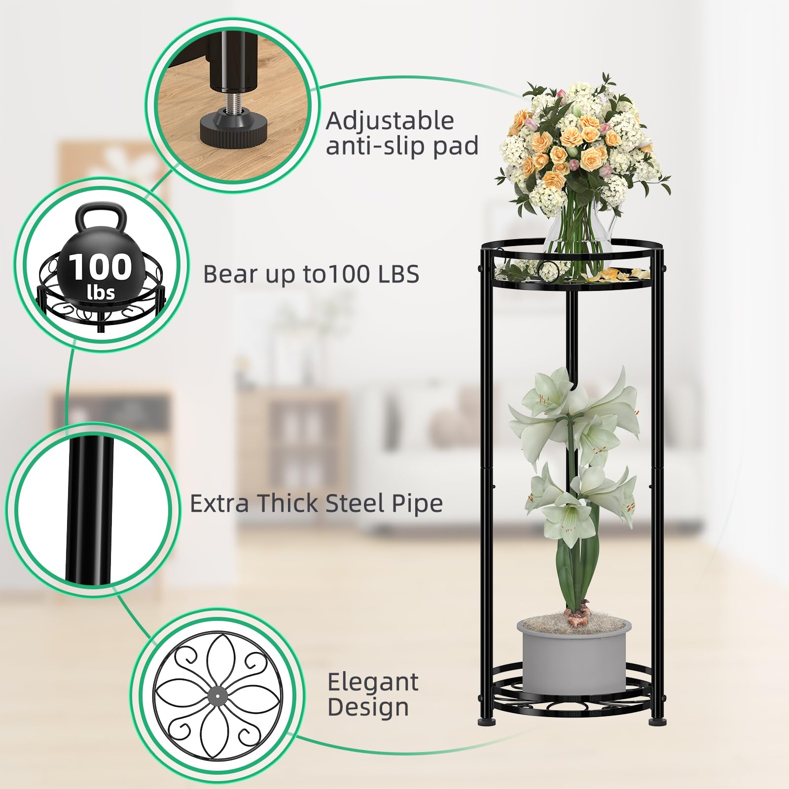 Non-slip feet protect floors while keeping the stand steady on any surface.