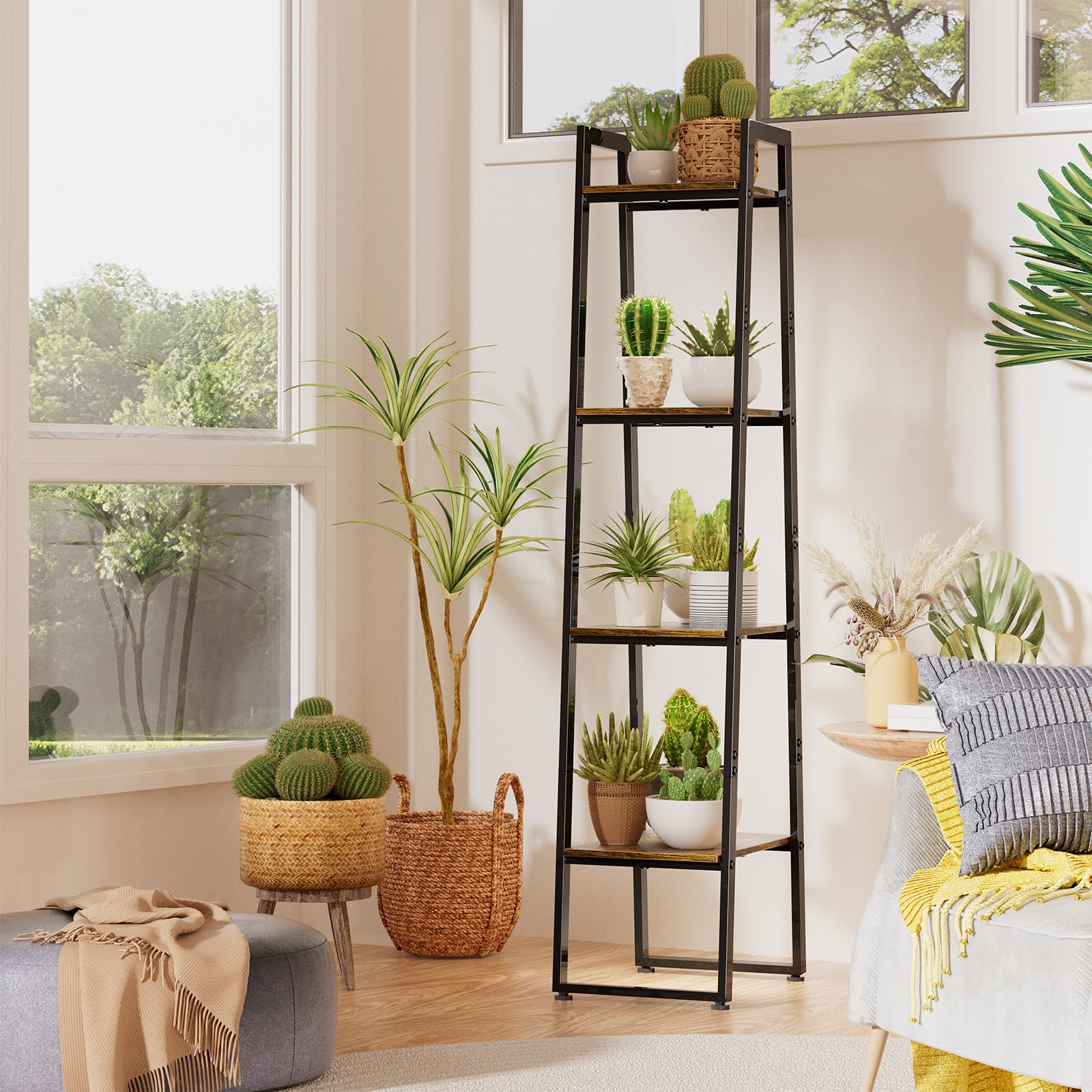 Simple Trending four-tier stand assembly shows sturdy tubing and wood panels