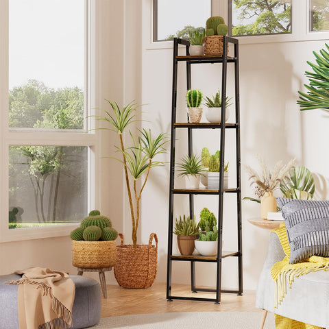 Simple Trending four-tier stand assembly shows sturdy tubing and wood panels