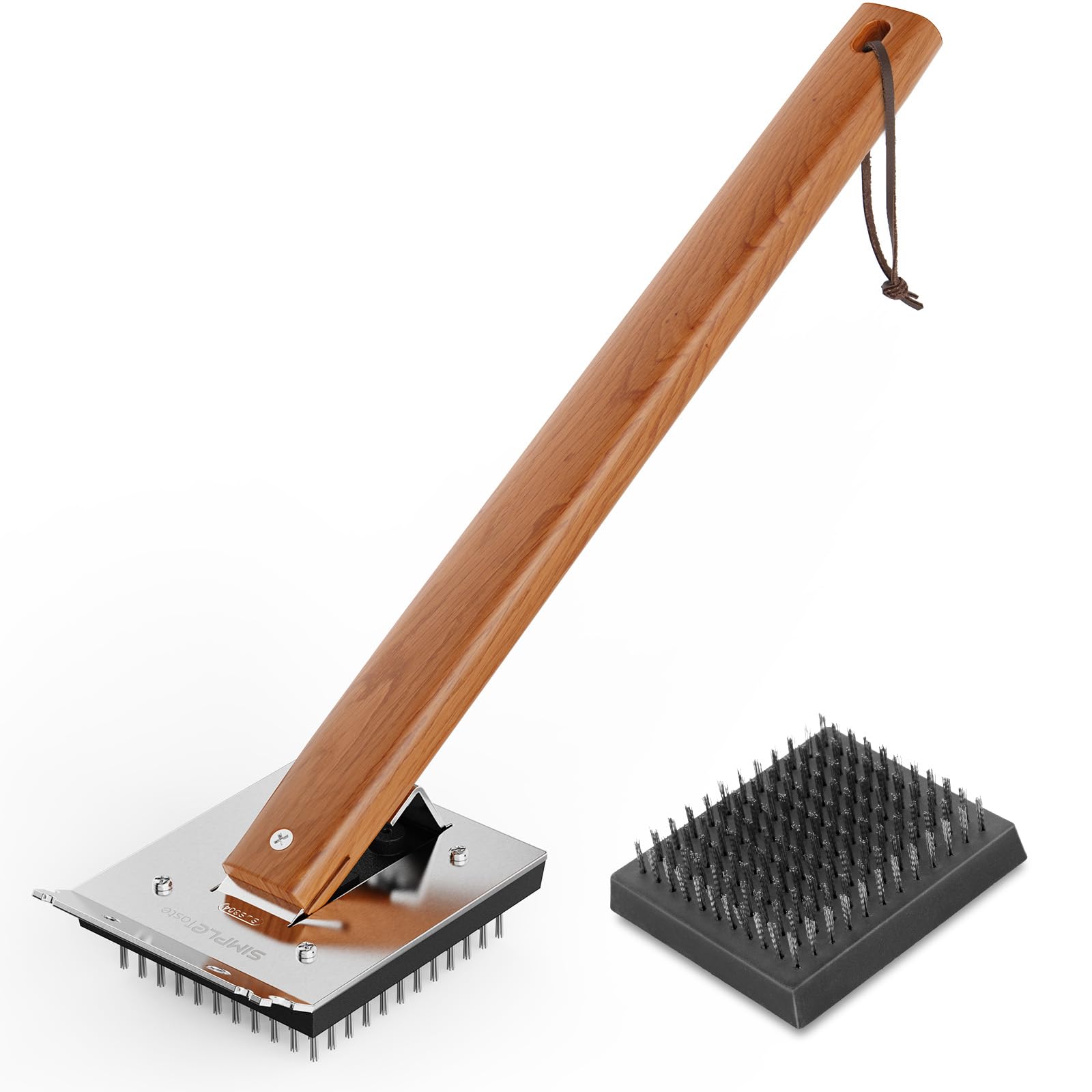 SIMPLETASTE grill brush with wooden handle for easy grate cleaning