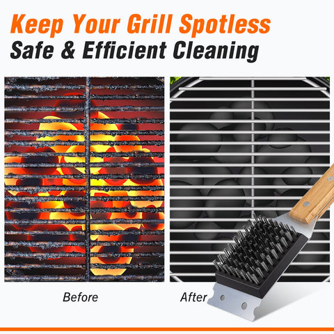 SIMPLETASTE grill-safe brush won’t scratch porcelain, cast iron, or stainless grates.
