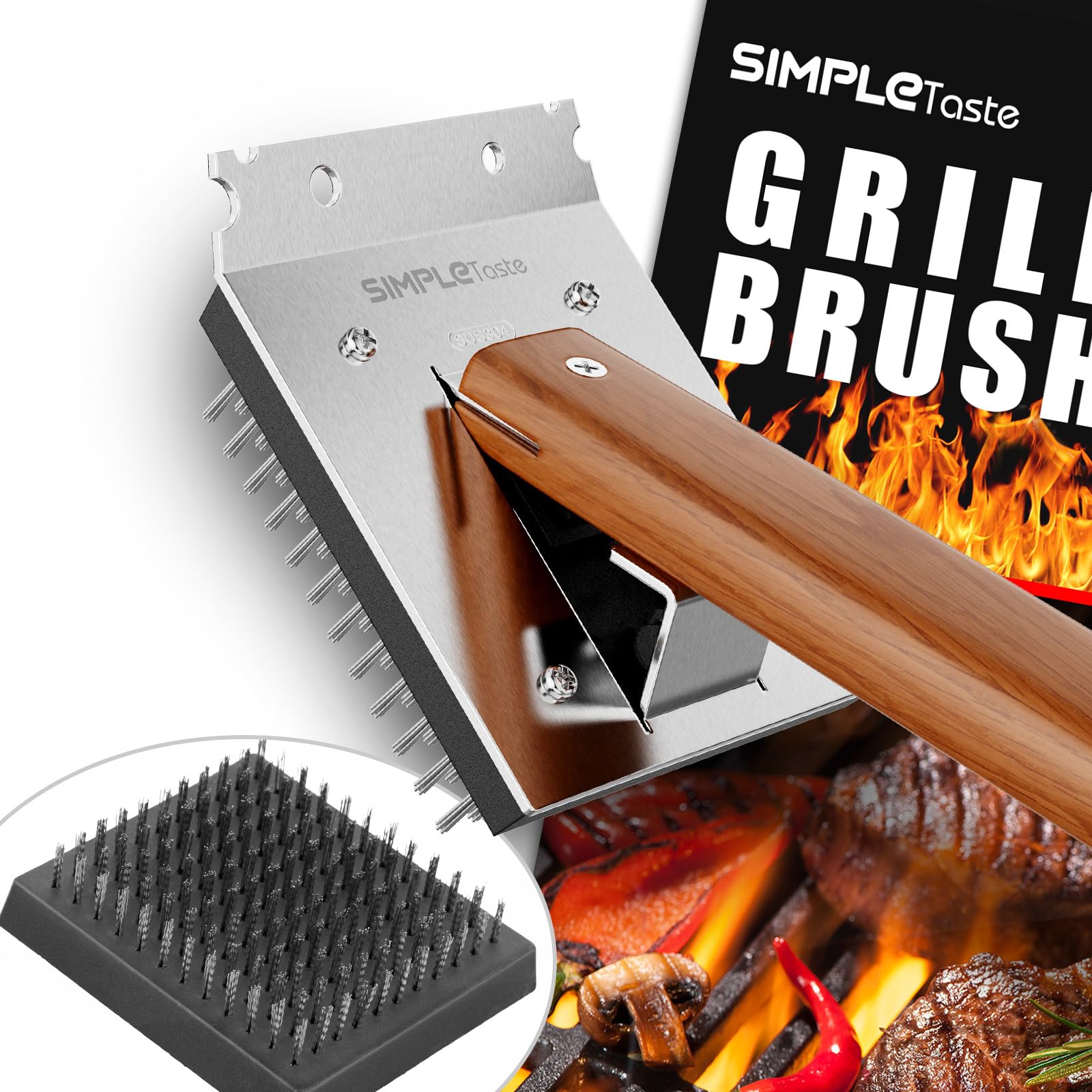 SIMPLETASTE wire bristle head removes baked-on residue from grates