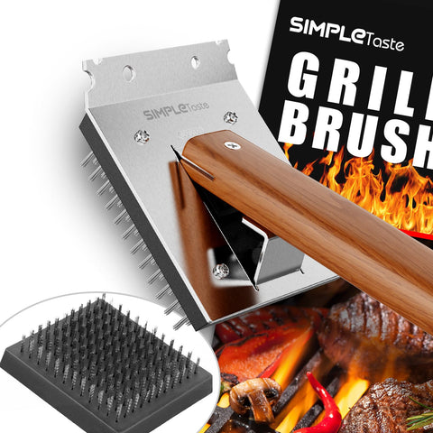 SIMPLETASTE wire bristle head removes baked-on residue from grates