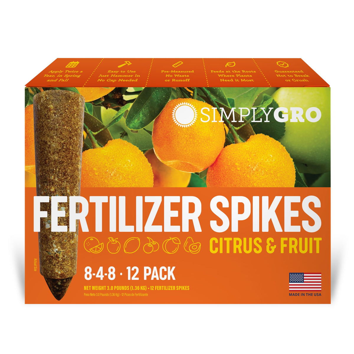 SimplyGro Fertilizer Spikes applied at citrus tree base for steady root feeding.