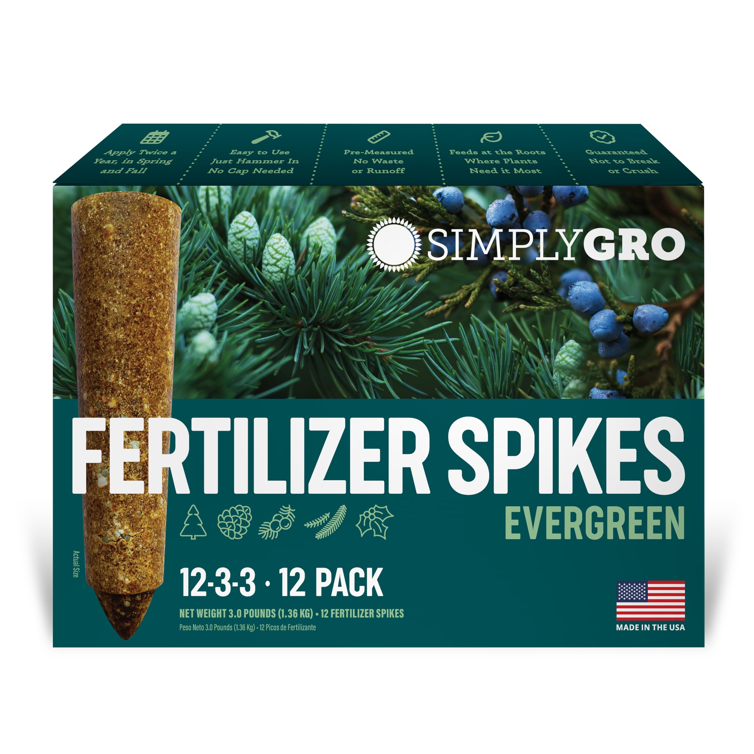 SimplyGro fertilizer spike being inserted at the root zone for evergreen feeding.
