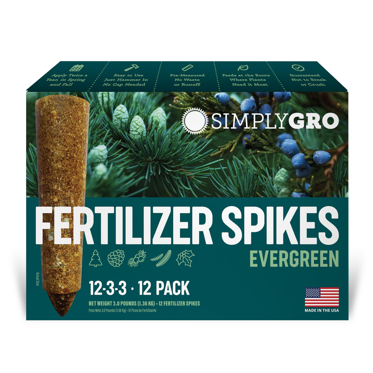 SimplyGro fertilizer spike being inserted at the root zone for evergreen feeding.