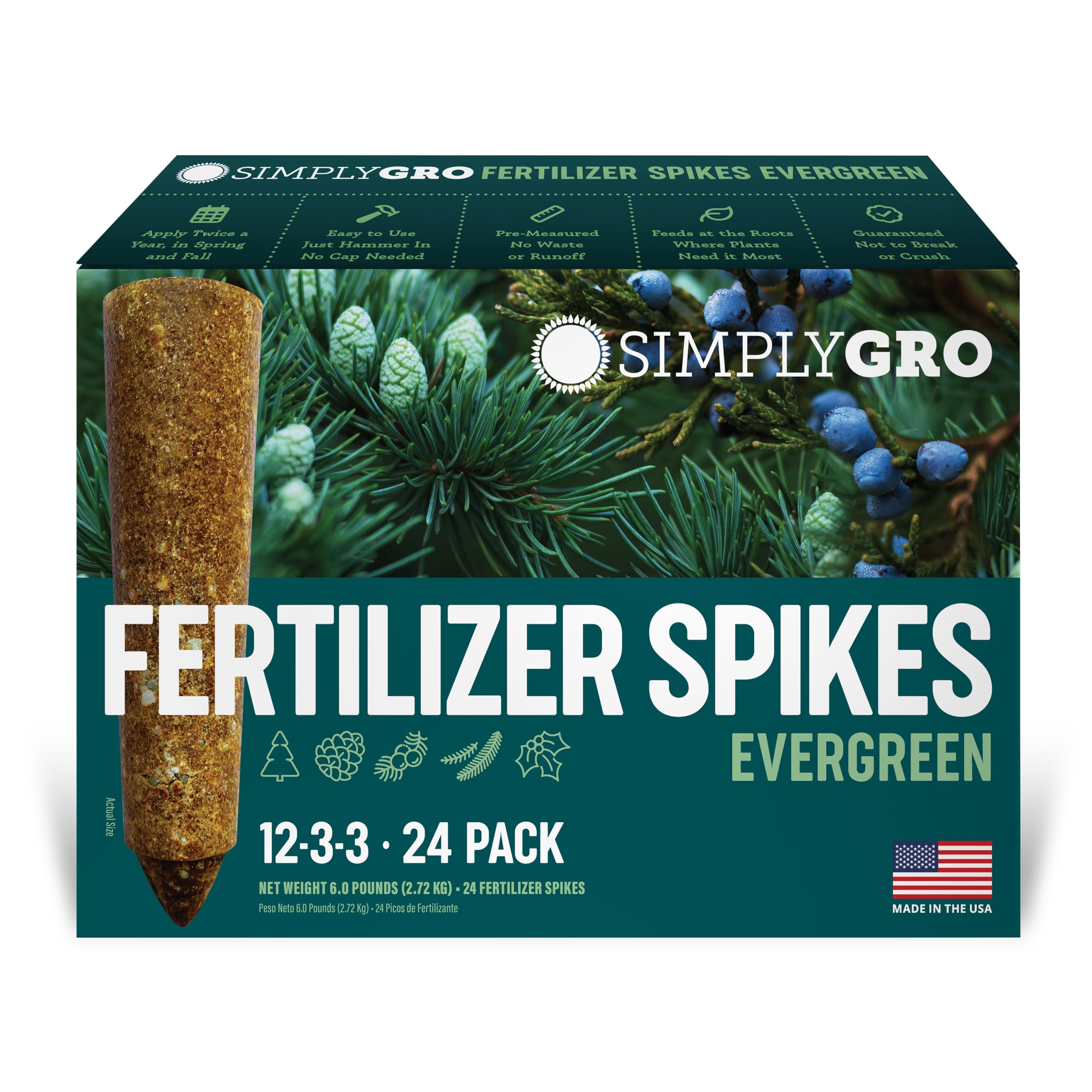 SimplyGro fertilizer spikes for evergreen trees feeding roots for lush foliage.