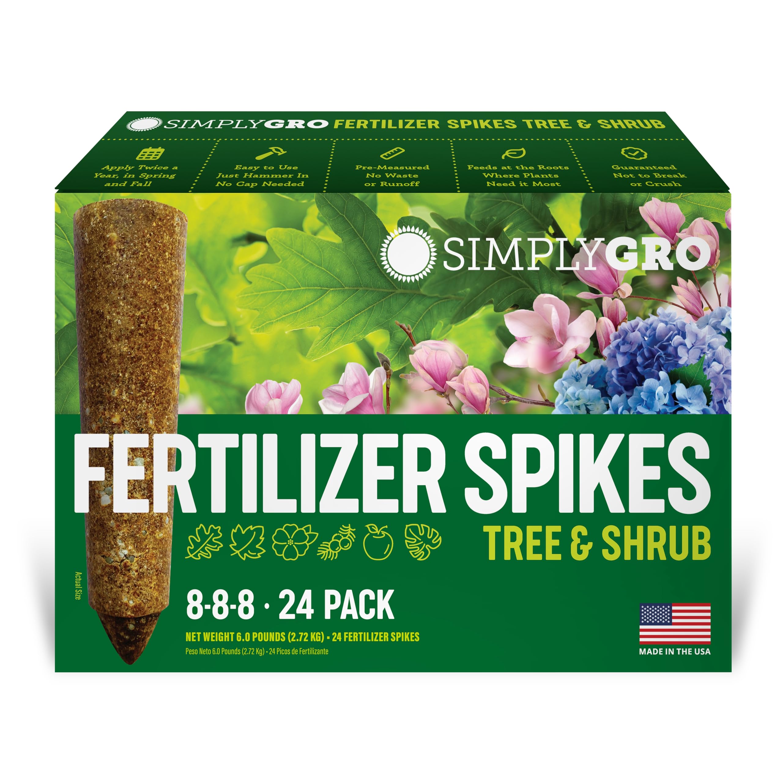 SimplyGro tree-shrub fertilizer spikes placed at the root zone support vigorous growth and rich color.