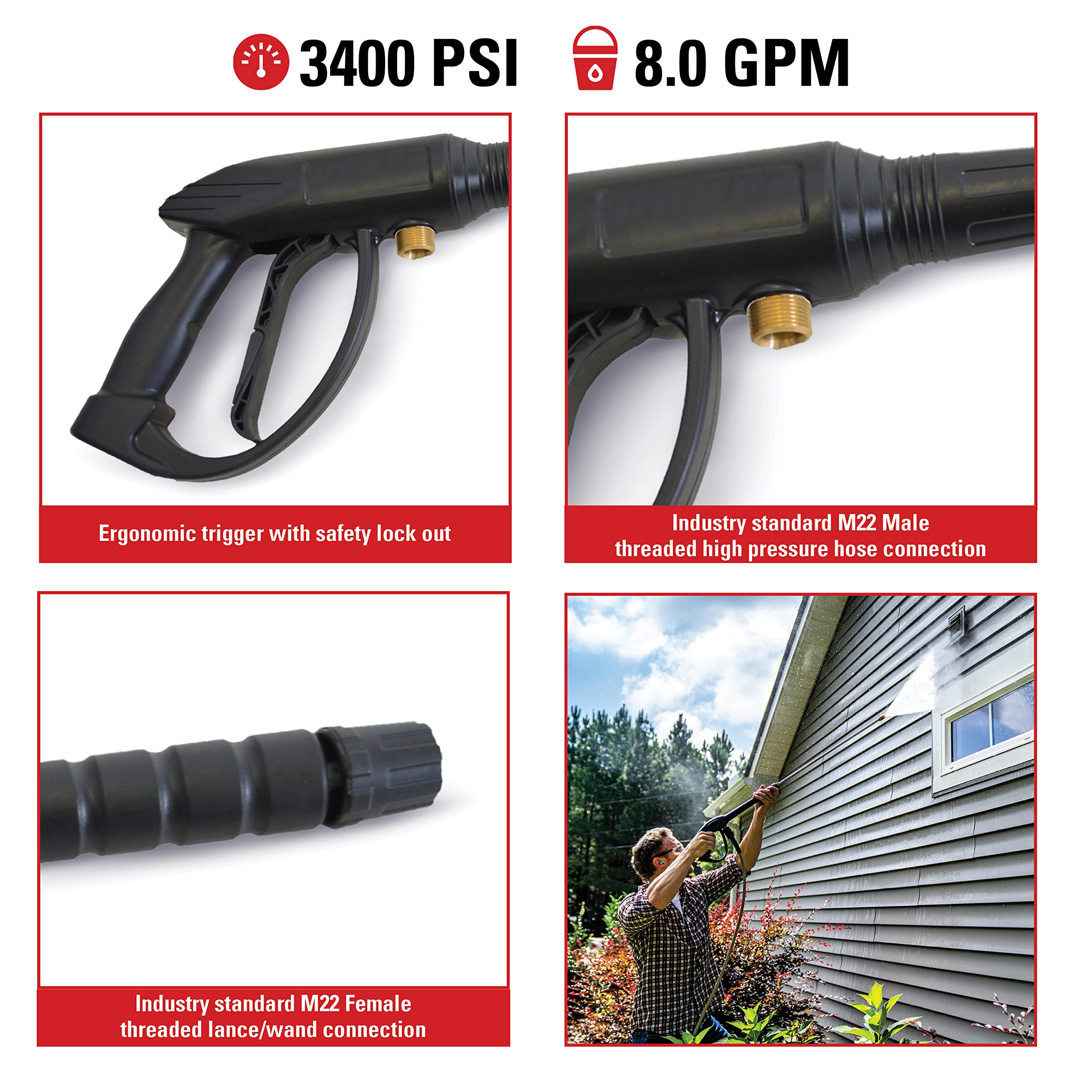 SIMPSON 80147 spray gun showing safety lock for safer pressure washing tasks.