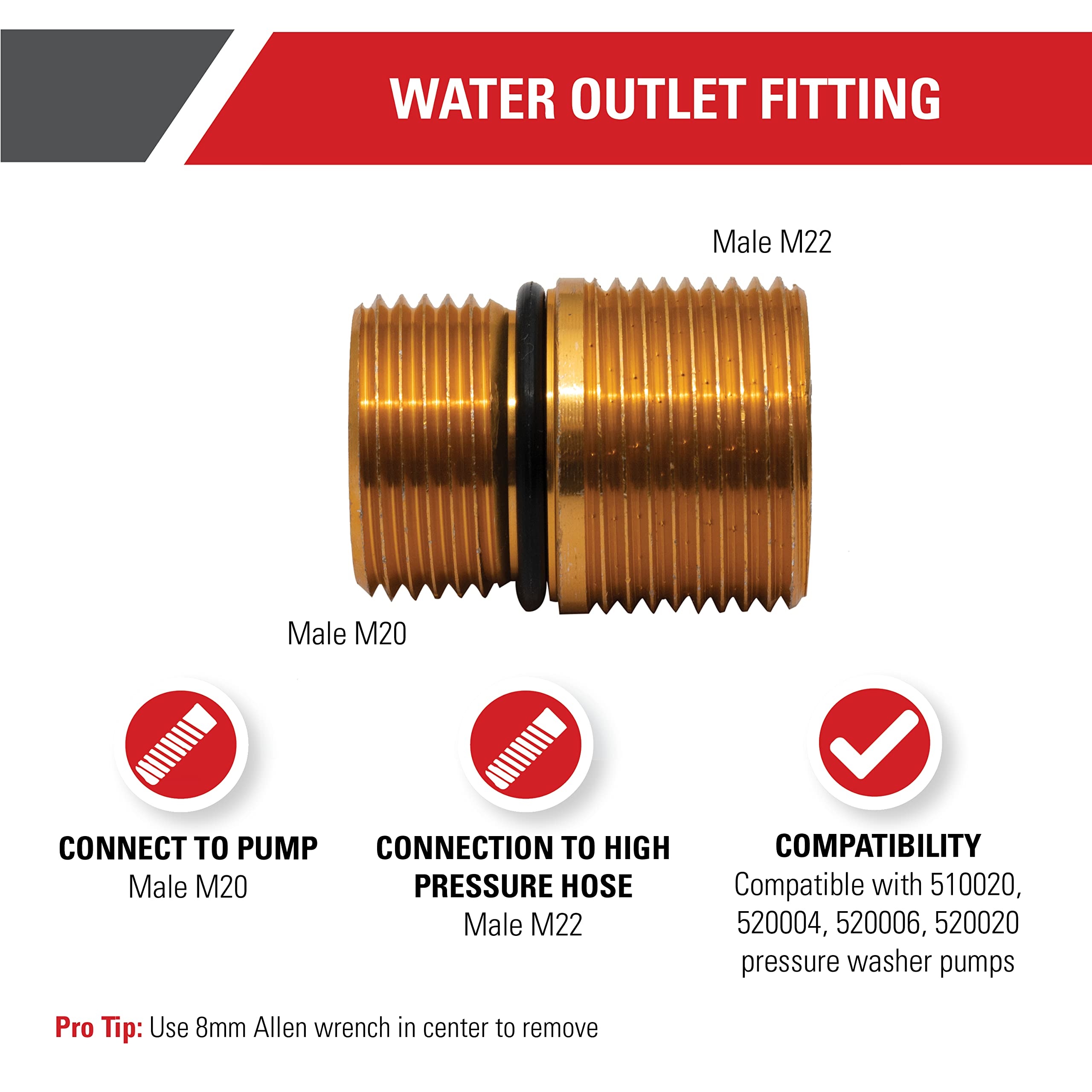 Simpson M20 to M22 outlet fitting ensures a tight, leak-free connection.