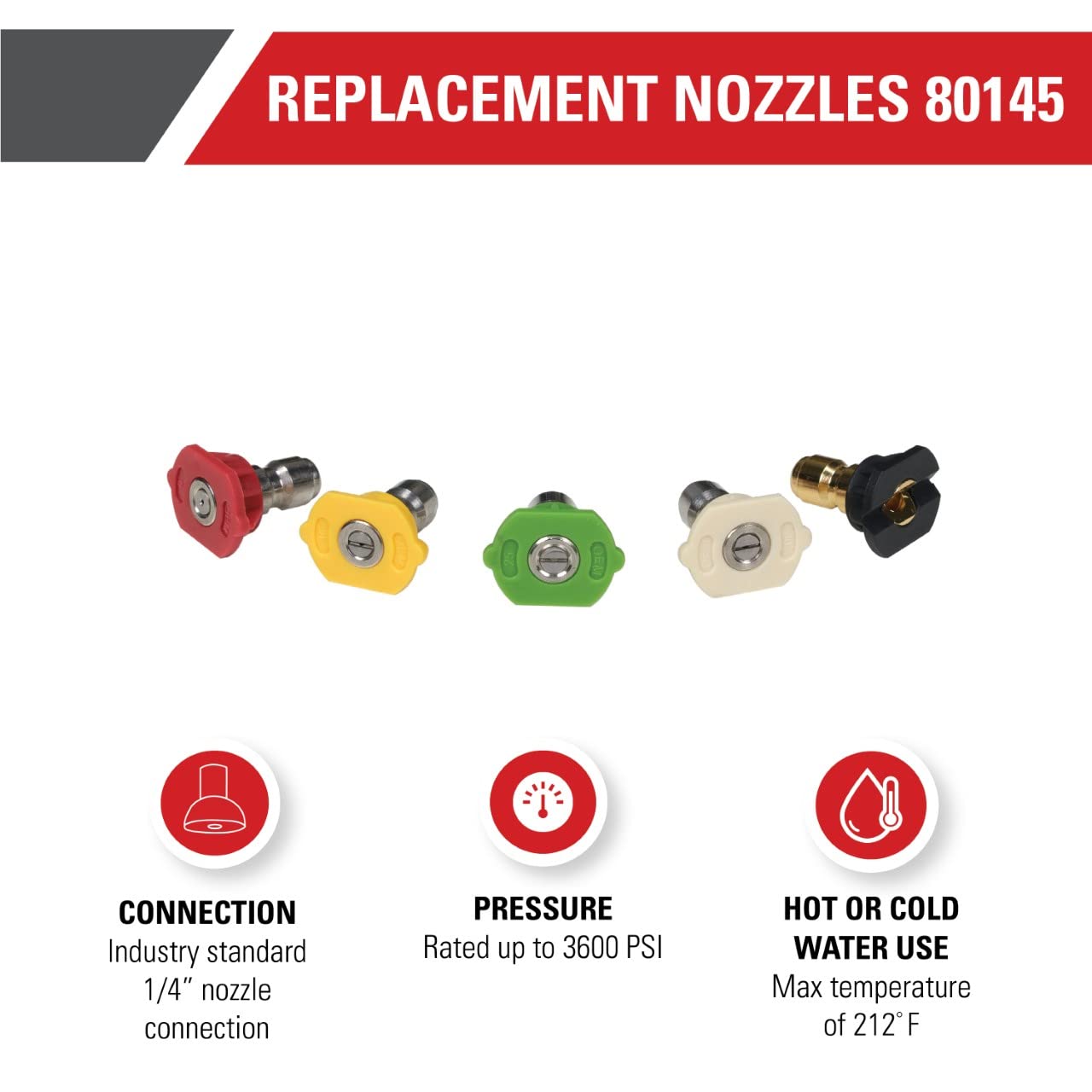 SIMPSON quick-connect nozzles display easy attachment to most pressure washers.