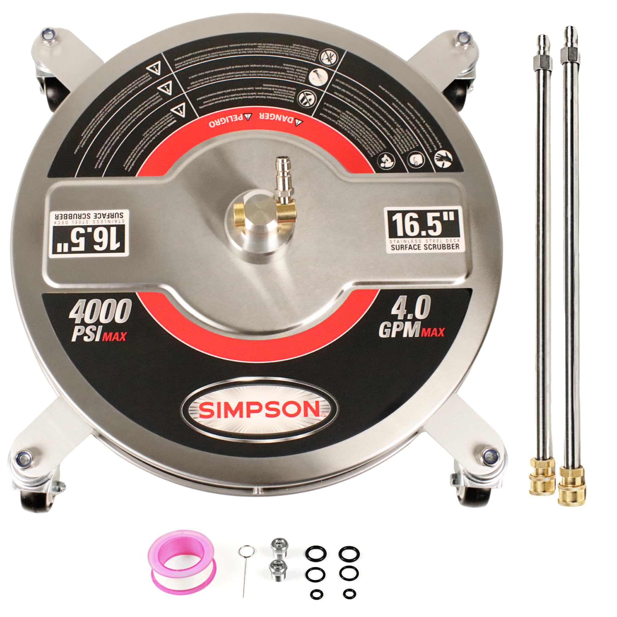 SIMPSON universal-165-surface-cleaner stainless shroud helps reduce overspray during outdoor cleaning.