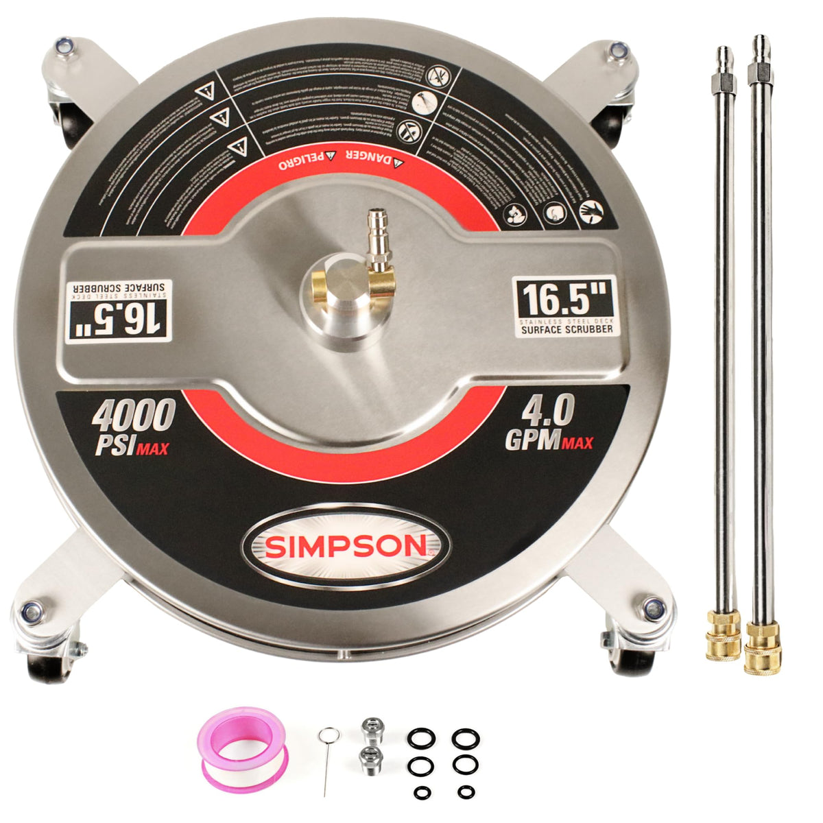 SIMPSON universal-165-surface-cleaner stainless shroud helps reduce overspray during outdoor cleaning.