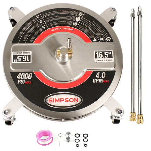 SIMPSON universal-165-surface-cleaner stainless shroud helps reduce overspray during outdoor cleaning.