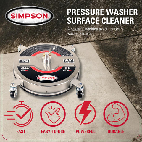 SIMPSON universal-165-surface-cleaner two rotating jets deliver faster, streak-free cleaning on large surfaces.