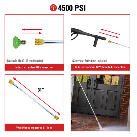 Simpson wand with QC and M22 connectors for quick nozzle swaps and broad compatibility.