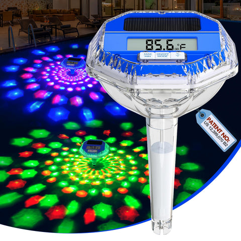 Sinbyuer solar pool thermometer with light show brightens evenings for backyard gatherings.