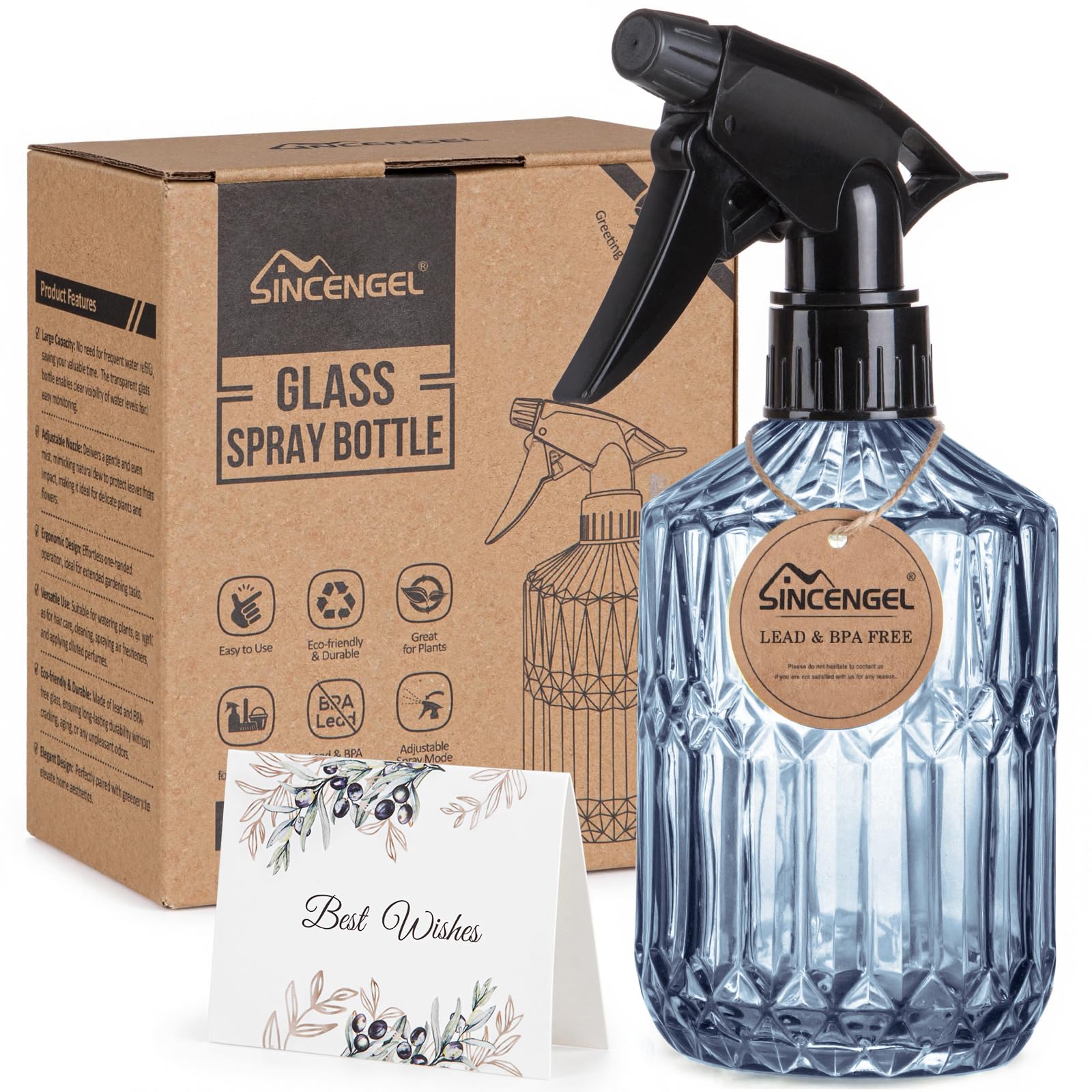 Sincengel glass plant mister 13.5oz blue shown for indoor watering and display