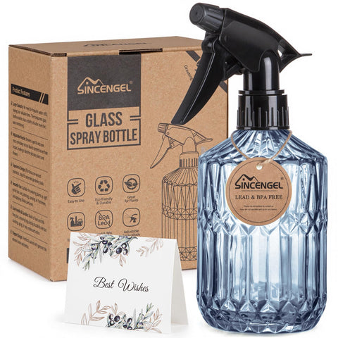 Sincengel glass plant mister 13.5oz blue shown for indoor watering and display