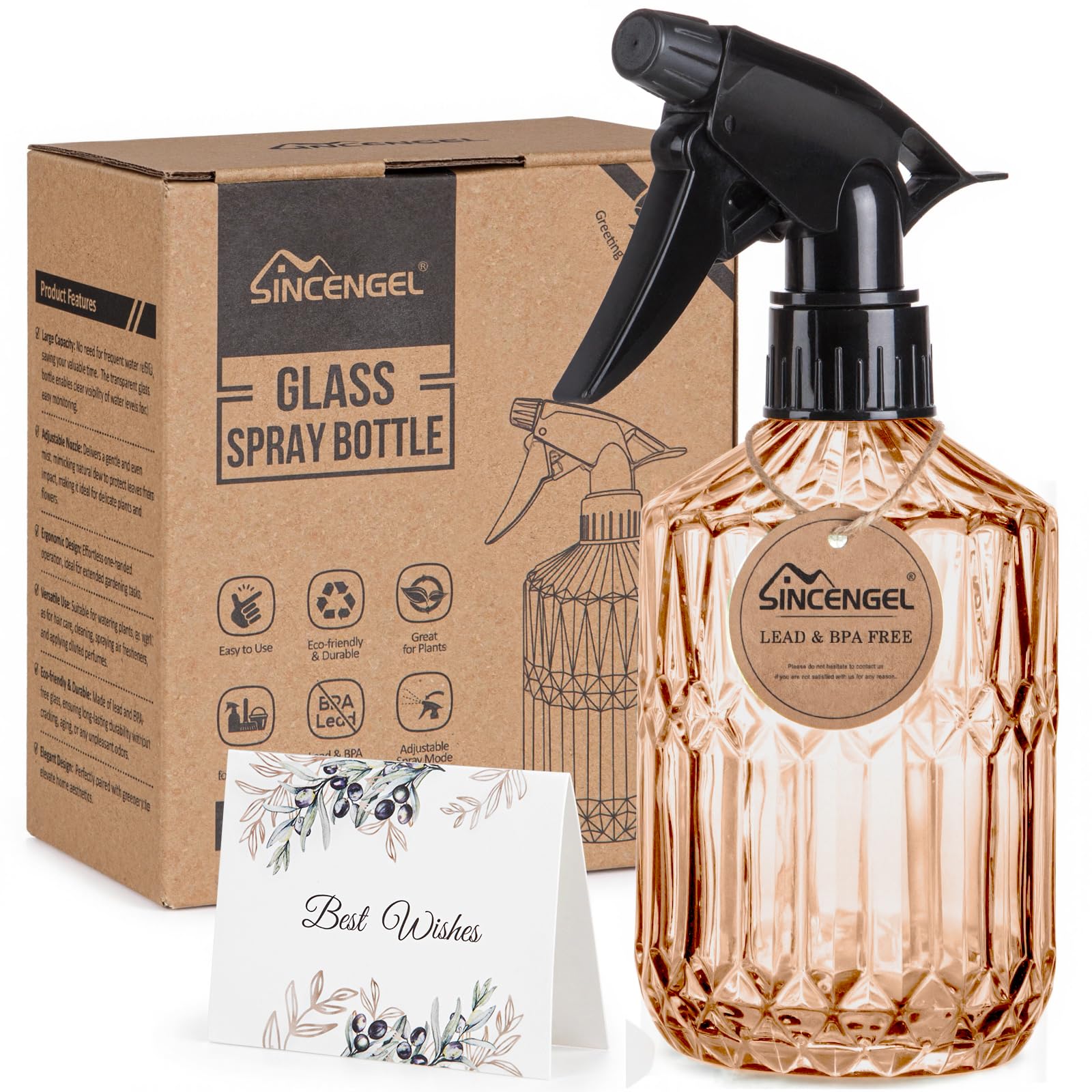 Sincengel glass plant spray bottle showing 13.5 oz capacity for steady watering