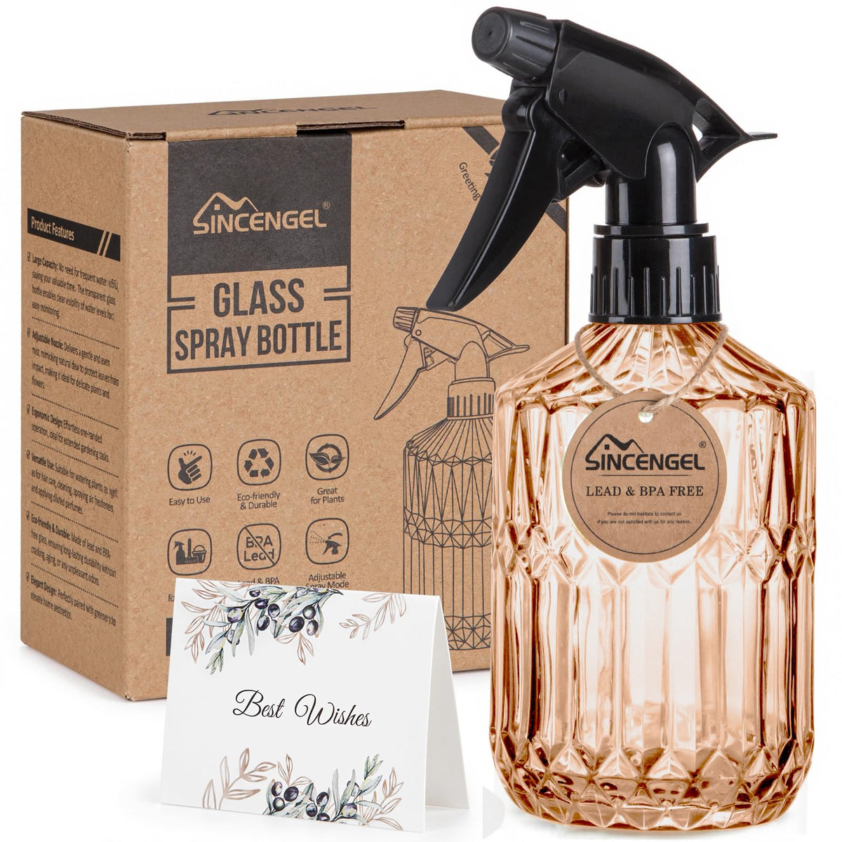 Sincengel glass plant spray bottle showing 13.5 oz capacity for steady watering