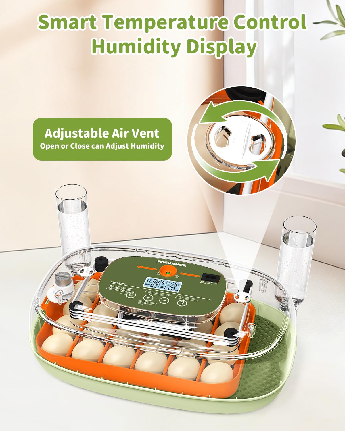 Sindarhor automatic turner providing hands-free egg rotation for even development.