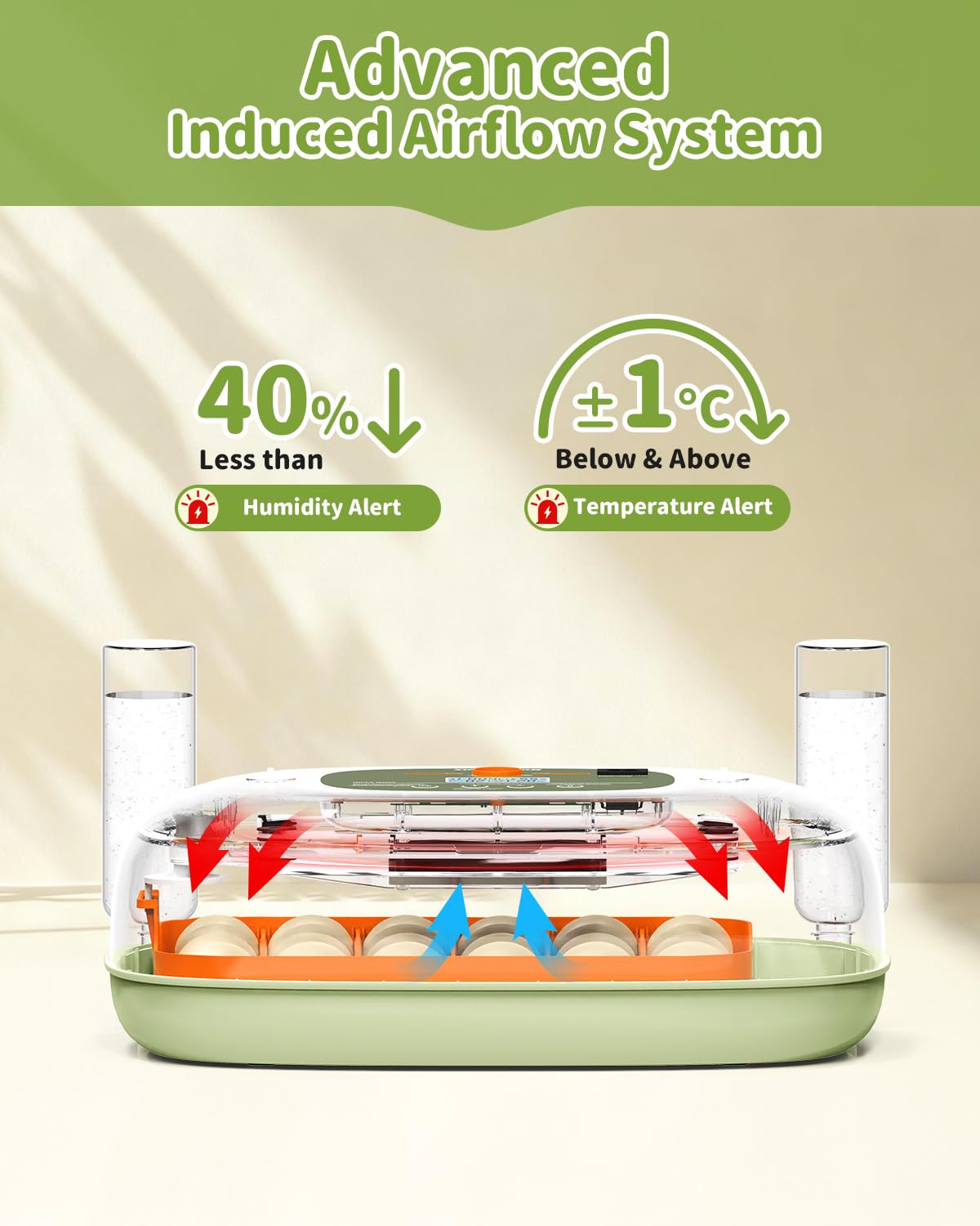 Built-in candler lets you monitor embryo progress without opening the lid.