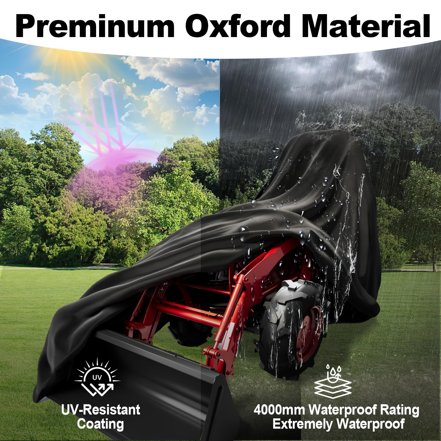 Singdur Tractor Cover supports backhoe-equipped tractors for versatile outdoor storage.