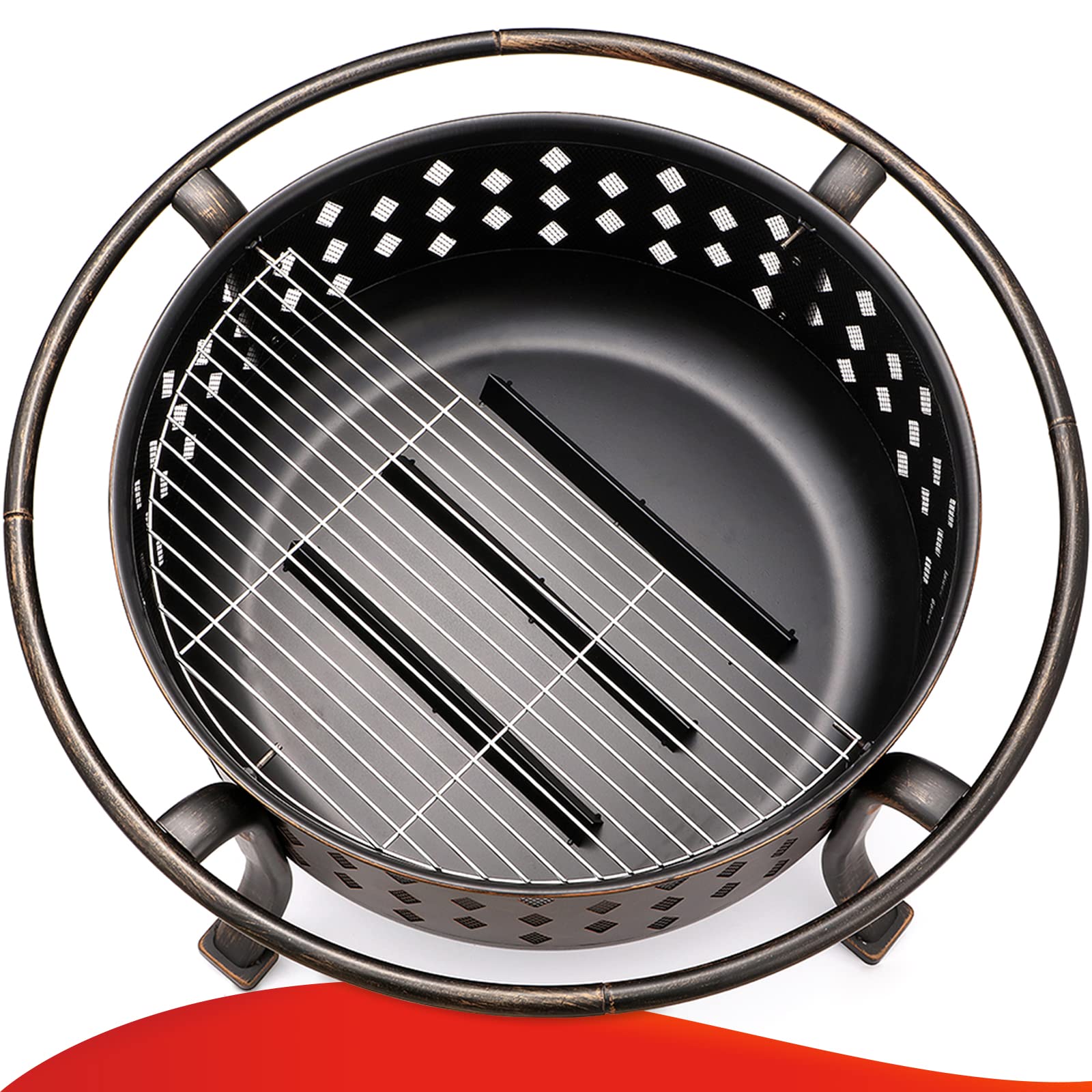 SINGLYFIRE fire pit includes built-in grill for outdoor cooking at gatherings.