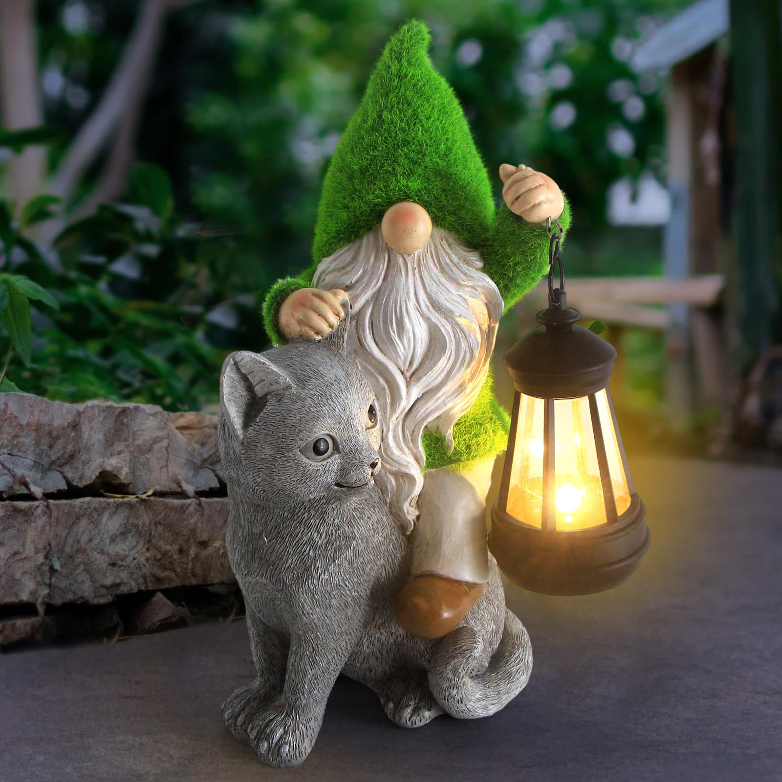 Sinhra garden cat gnome lantern glows warmly at dusk for cozy outdoor ambiance.