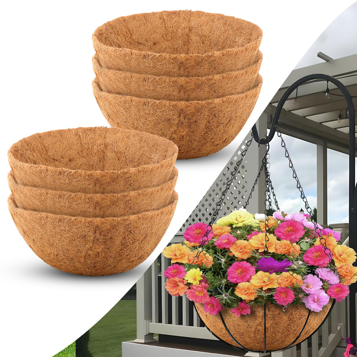 Sinimaka Coco Liners 14-inch round fit in hanging baskets for improved drainage and airflow.