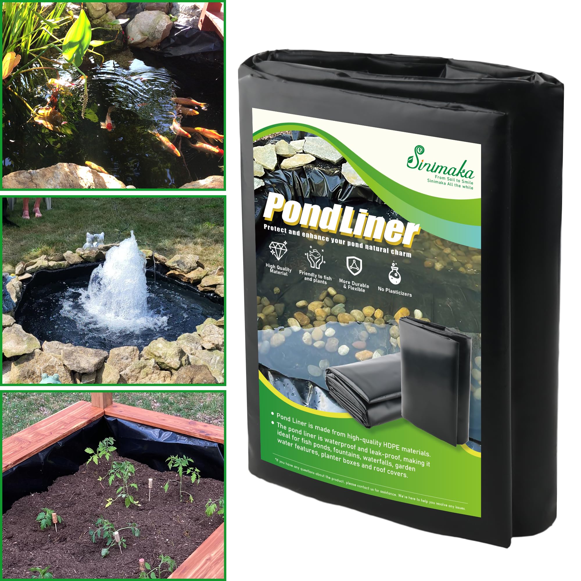 Sinimaka pond liner 16x20 outer view demonstrates rugged HDPE durability for outdoor ponds.