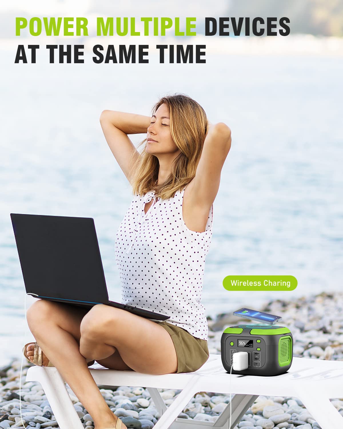 SinKeu 110V AC outlet powering a laptop while camping