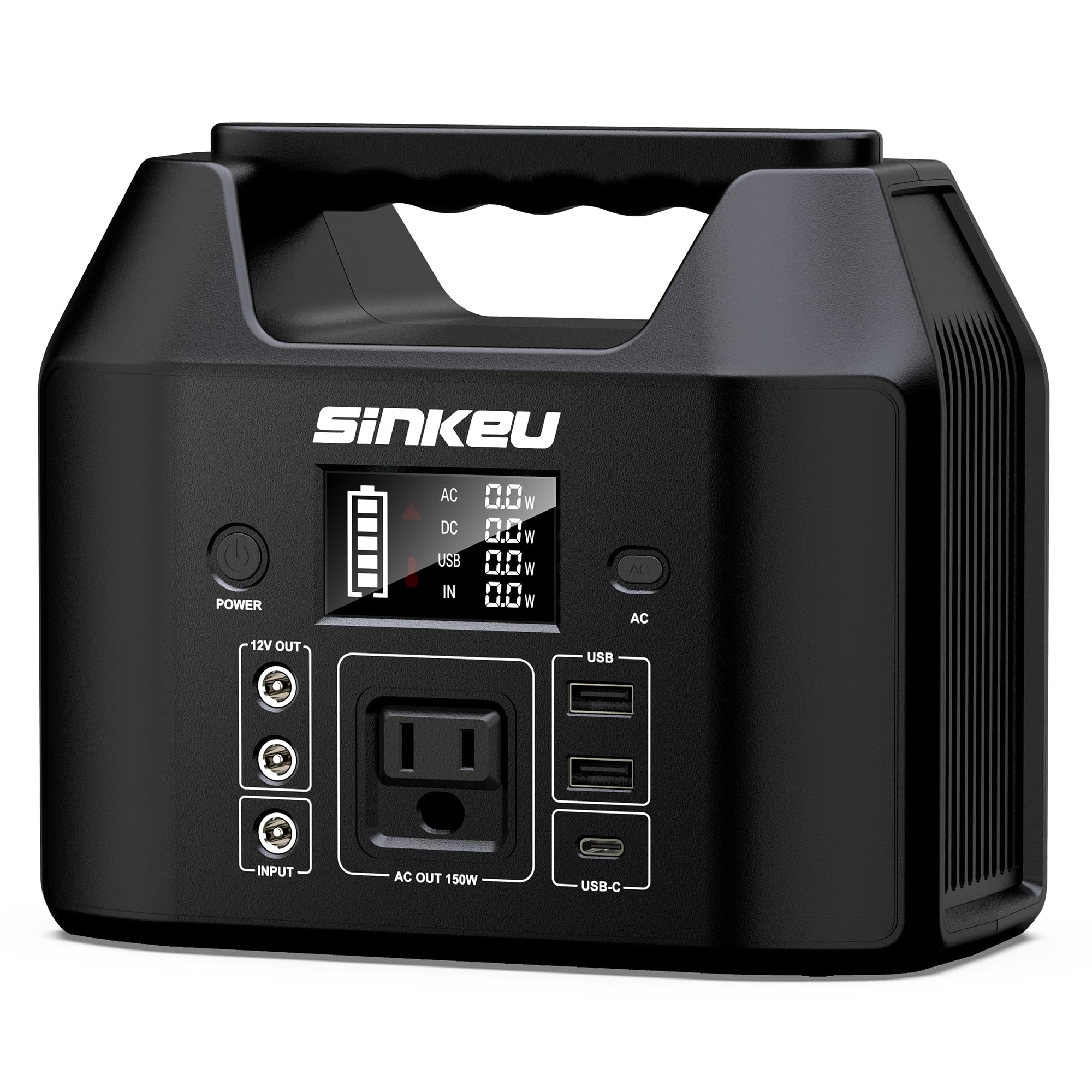 SinKeu 122.8Wh portable power station front view powering devices on the go
