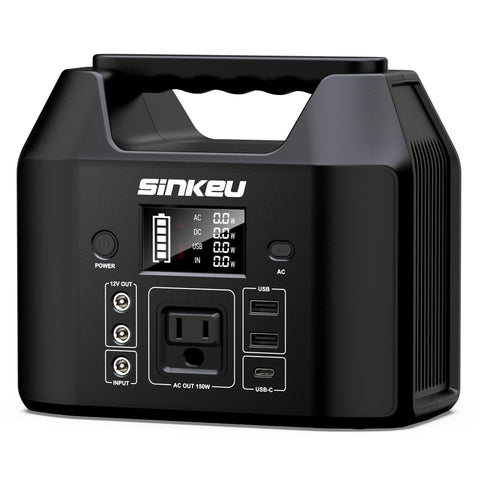 SinKeu 122.8Wh portable power station front view powering devices on the go