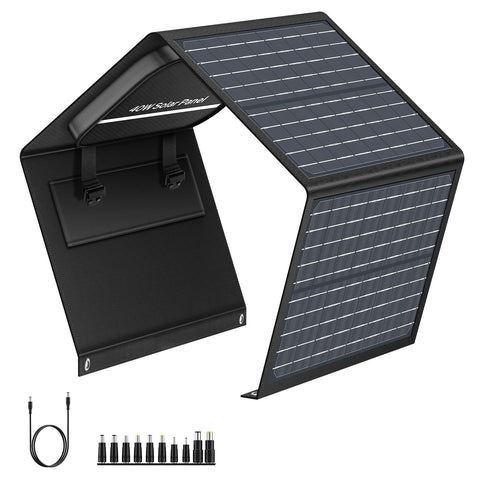 SinKeu 40W foldable solar panel open setup powering devices at a campsite.