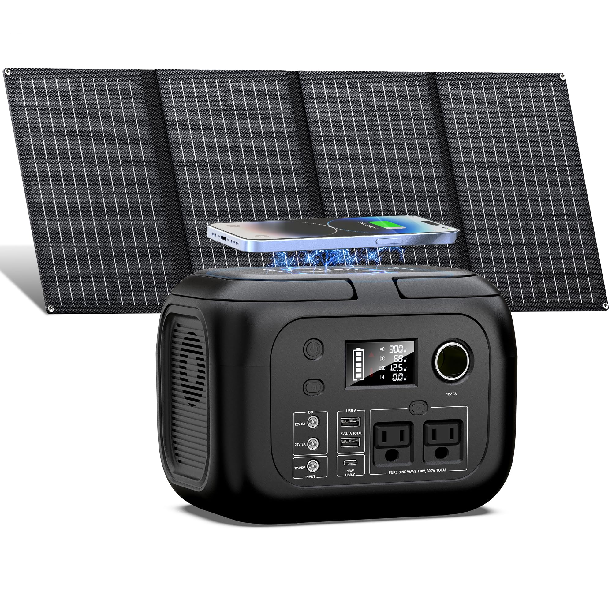 SinKeu solar generator 300W front view with 110V outlet for home or camp power.