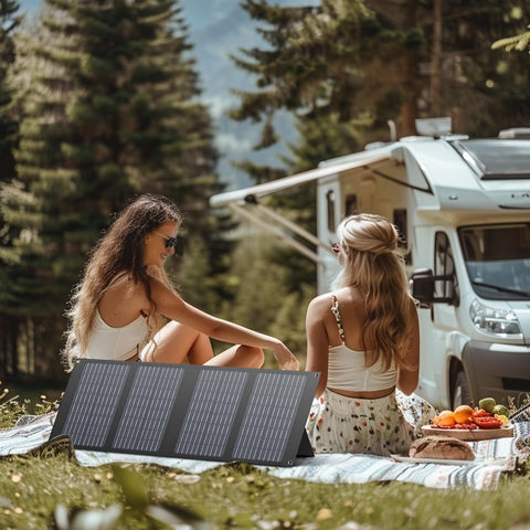 SinKeu solar panel with three output ports for versatile charging.